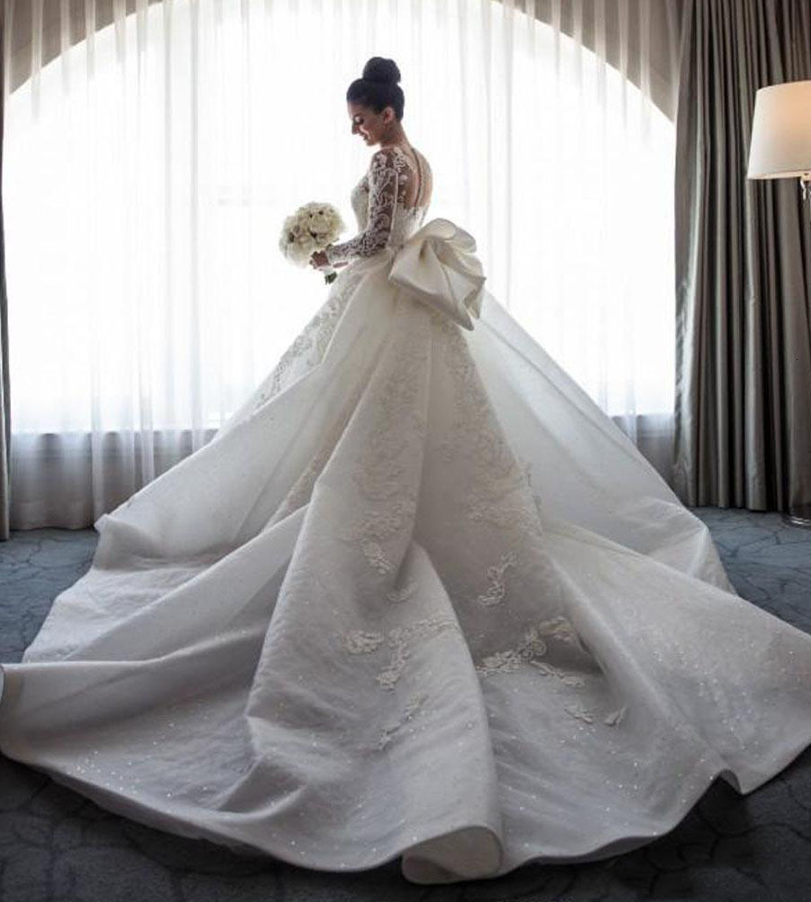 Mermaid Wedding Dresses Sheer Neck Long Sleeves Illusion Full Lace Applique Bow Overskirts Button Back Chapel Train Gowns Formal Dress Free shipping