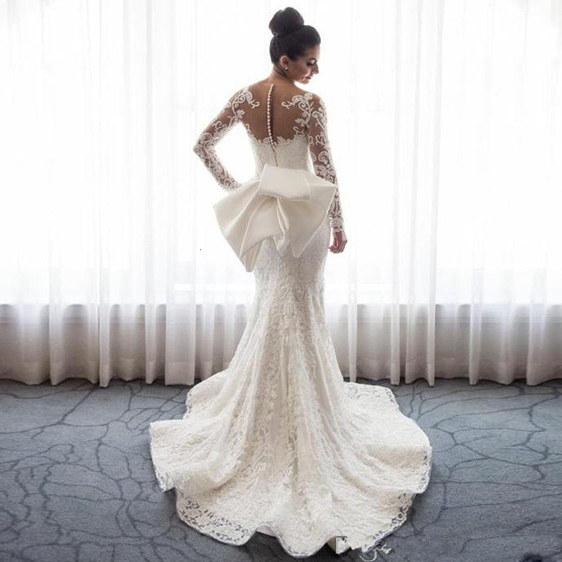 Mermaid Wedding Dresses Sheer Neck Long Sleeves Illusion Full Lace Applique Bow Overskirts Button Back Chapel Train Gowns Formal Dress Free shipping