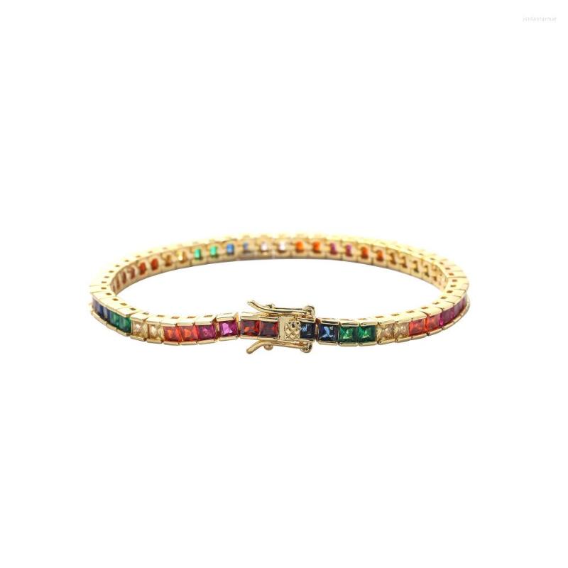 Charm Bracelets Luxury 7/8 Inch 3 Mm Rainbow Square Zircon Tennis Bracelet By 18K Gold /Rhodium Plate Hip Hop Rock Unisex Wrist Chain