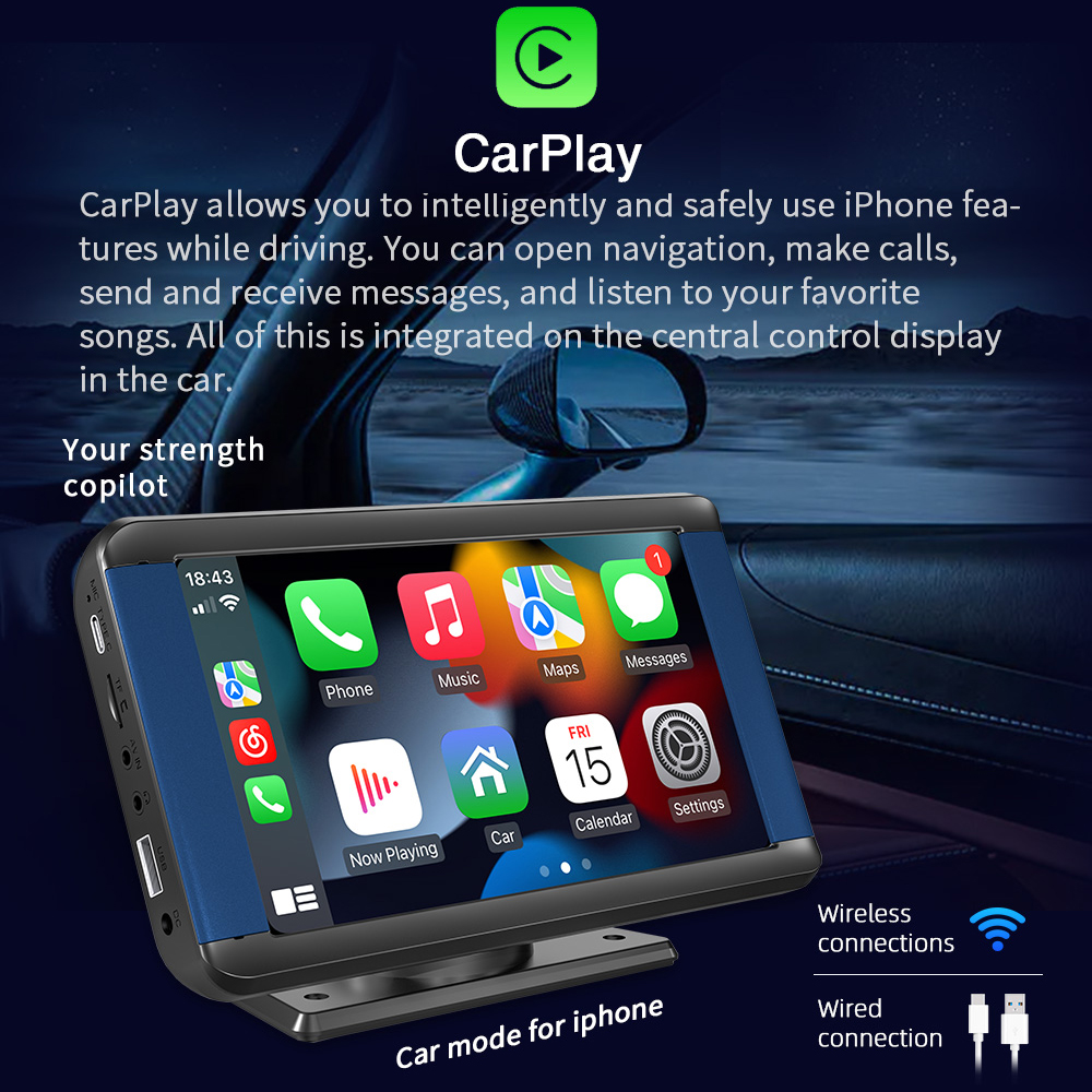 Universal 7 Inch Apple Carplay Car Screen for All Vehicles Wireless Android Auto Portable HUD AirPlay Mirrorlink