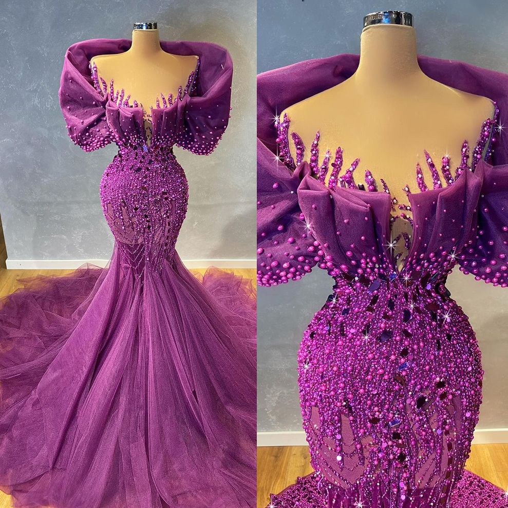 Graceful Purple Mermaid Evening Dresses V Neck Pearls Prom Dress Elegant Lace Beading Tulle Formal Party Gowns
Graceful Purple Mermaid Evening Dresses V Neck Pearls Prom Dress Elegant Lace Beading Tulle Formal Party Gowns
