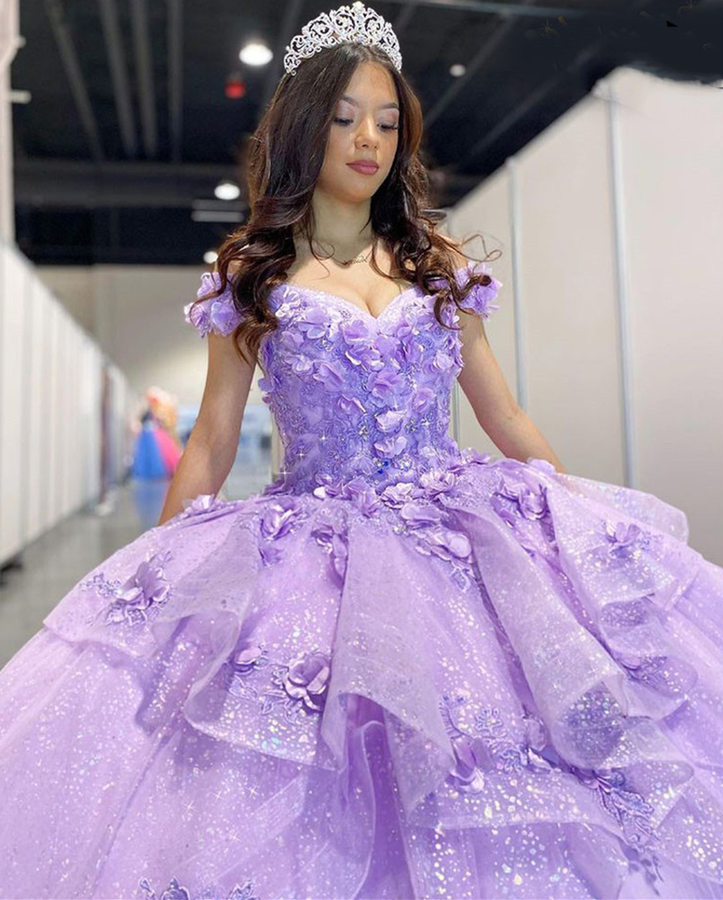 Glitter Lilac Sequined Quinceanera Dresses 3D Flowers Lace Appliques Tiers Ruffles Luxury Princess Sweet 15 Dress Prom Party Pageant Ball Gown For You