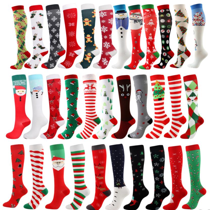 Christmas Cotton Compression Knee Socks Holiday High Stockings For Running Athletic Circulation Recovery Travel Socks Women Men Funny Xmas Tube Stretchy M L