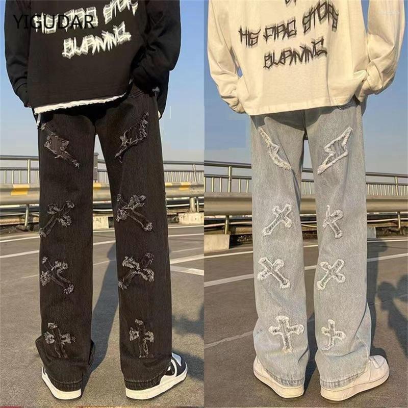 Men's Jeans Men's Denim Pants Fashion Loose Wide Leg Casual Streetwear Printed Cross Trousers Baggy Men