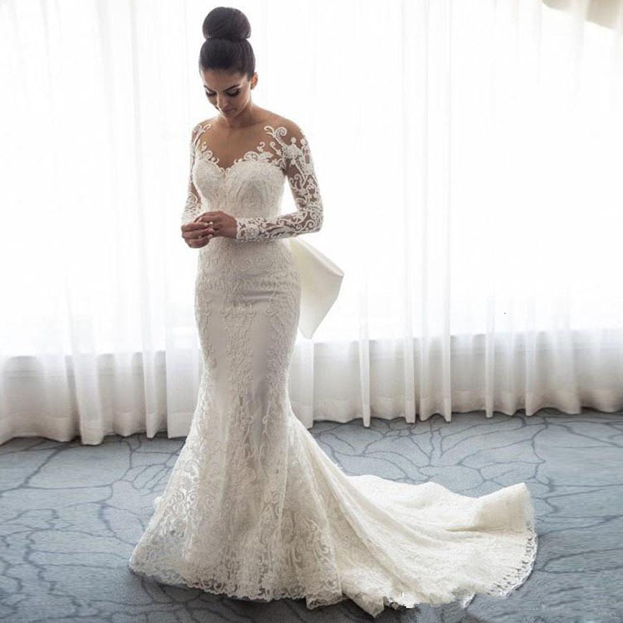 Mermaid Wedding Dresses Sheer Neck Long Sleeves Illusion Full Lace Applique Bow Overskirts Button Back Chapel Train Gowns Formal Dress Free shipping