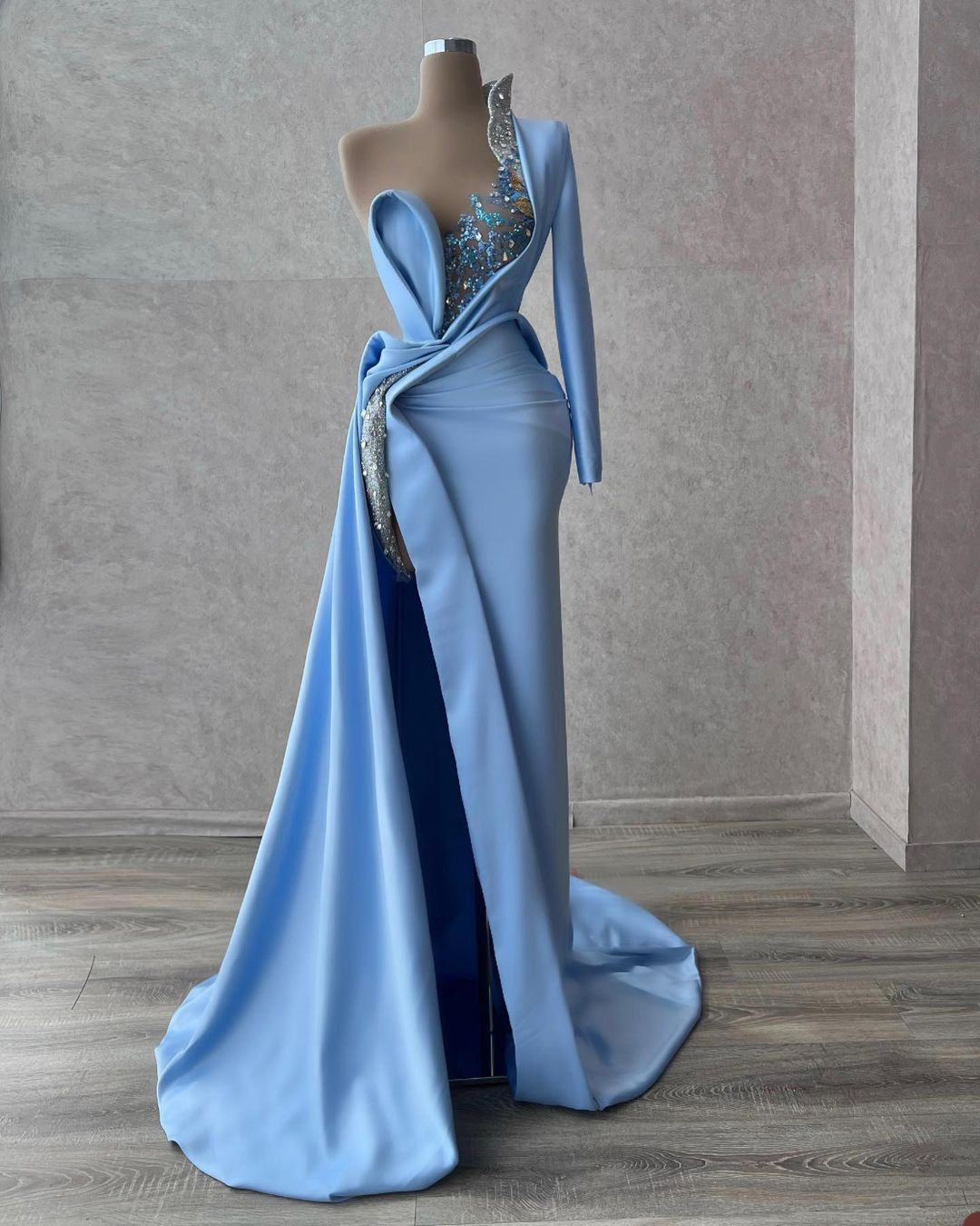 Graceful Blue Prom Dresses One Shoulder Sequined Party Dresses Side Split Custom Made Evening Dress