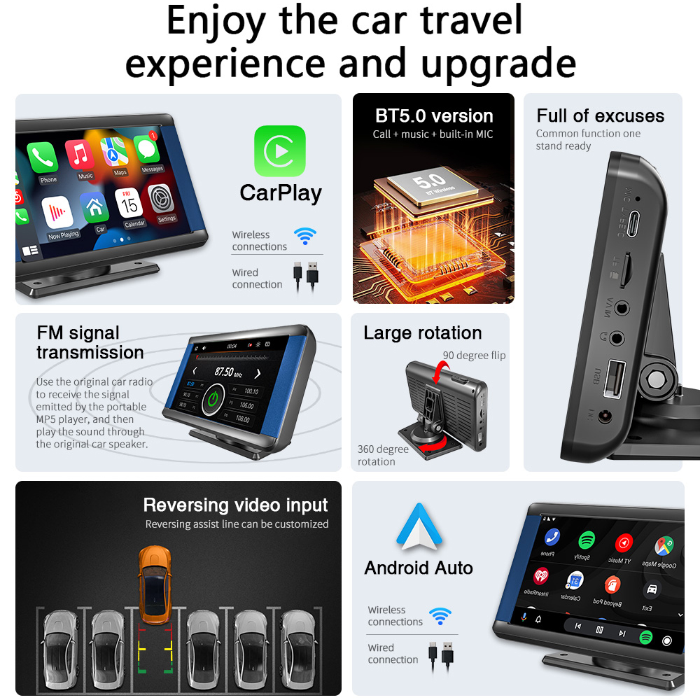 Universal 7 Inch Apple Carplay Car Screen for All Vehicles Wireless Android Auto Portable HUD AirPlay Mirrorlink