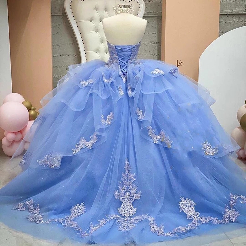 2026 Gorgeous Princess Quinceanera Dresses Ruffles Prom Party Ball Gown Sweetheart Foor Length Light Blue Organza Sweet 15 Dress Back Lace-up Lace App