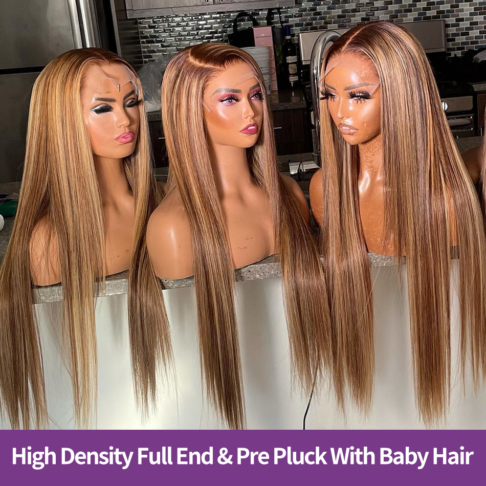 Transparent Blonde HD Full Lace Human Hair Wigs Colored Ombre Highlight Lace Frontal Synthetic Wigs For Black Women Preplucked Natural Hairline