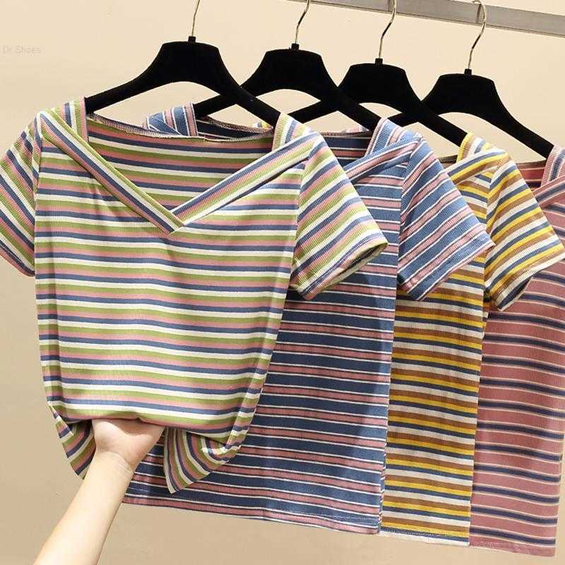 Women' T-Shirt V-Neck Striped T Shirt Women 2021 Cotton Summer Tops Korean Style Short Sleeve Casual Woman Clothes Tee Femme, Orange
Women' T-Shirt V-Neck Striped T Shirt Women 2021 Cotton Summer Tops Korean Style Short Sleeve Casual Woman Clothes Tee Femme, Orange