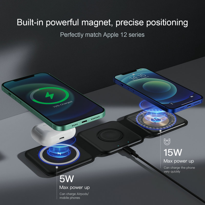magnetic Wireless charger phone watch headset three in one 15W mobile- can be folded as a bracket
magnetic Wireless charger phone watch headset three in one 15W mobile- can be folded as a bracket