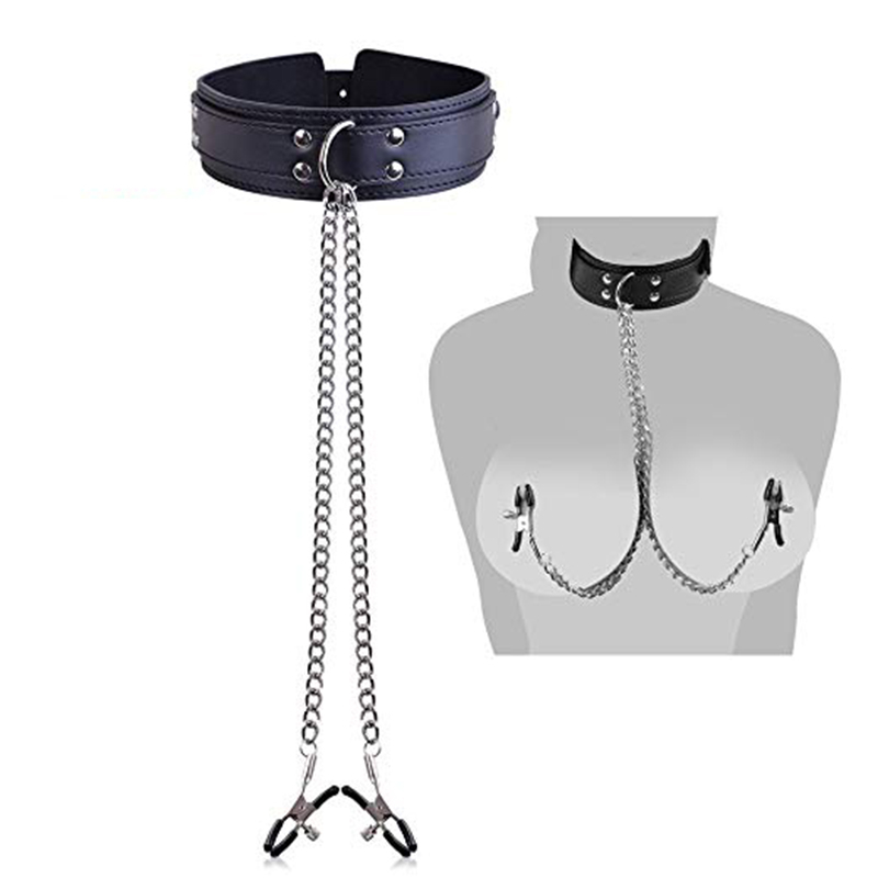 

Sexy Costumes Leather Choker Collar With Nipple Breast Clamps BDSM Sex Bondage Adult Games Sex Toys For Couples Erotic Breast Clip Sex Tools, Black