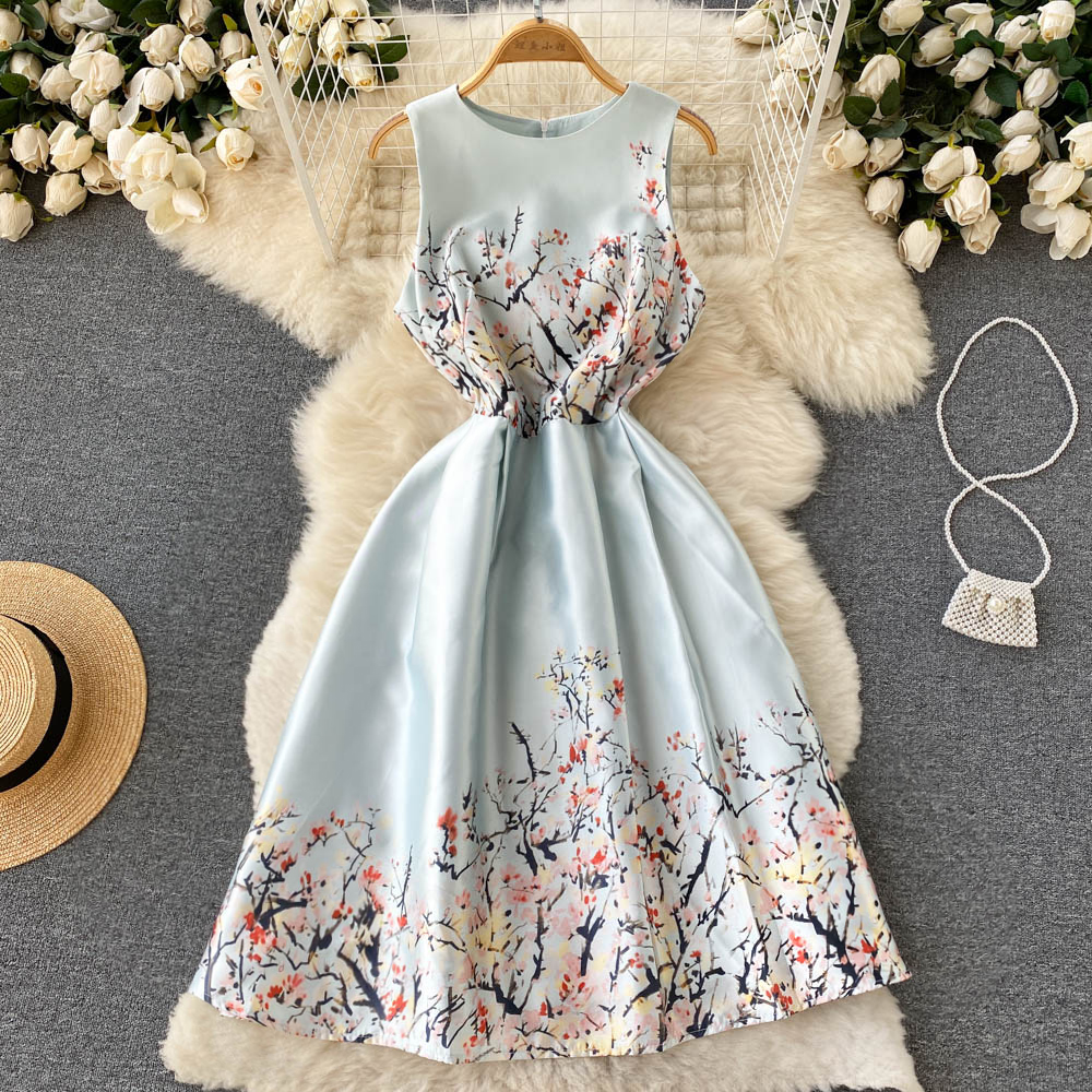 Goddess Charm Celebrity Banquet Dress Skirt Slim French Retro Print Sleeveless Pomfret Fairy Dress, Wathet
Goddess Charm Celebrity Banquet Dress Skirt Slim French Retro Print Sleeveless Pomfret Fairy Dress, Wathet