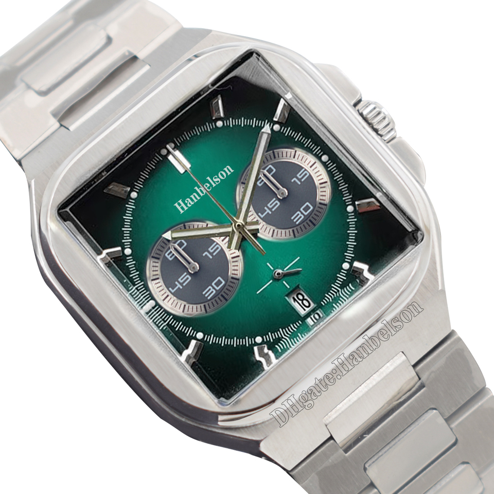 Mens Square watch bay Japan VK Chronograph Quartz movement Purple dial Metal strap 39mm wristwatch