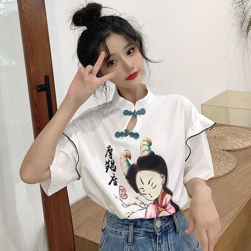 Women' Blouses Summer Stand Collar Buckle Cheongsam Top Women Ruffle Short Sleeve Chinese Style Print Casual Slim T-shirt Female Tees
Women' Blouses Summer Stand Collar Buckle Cheongsam Top Women Ruffle Short Sleeve Chinese Style Print Casual Slim T-shirt Female Tees