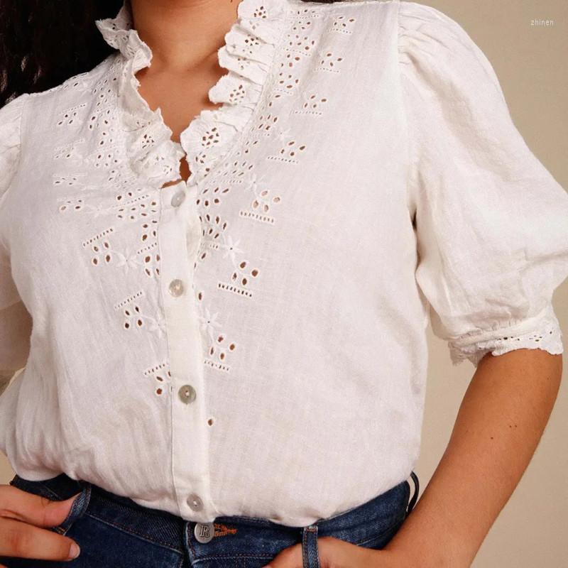 Women's Blouses Women's Linen Shirt White Ruffles Puff Sleeve Hollow Out Embroidery Single Breasted Blouse For Female
Women's Blouses Women's Linen Shirt White Ruffles Puff Sleeve Hollow Out Embroidery Single Breasted Blouse For Female