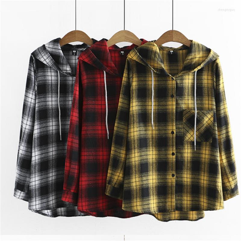 Women's Blouses Women's Spring Plus-Size Coat 2022 Tops Long Sleeve Plaid Hoodie Shirts, Black
