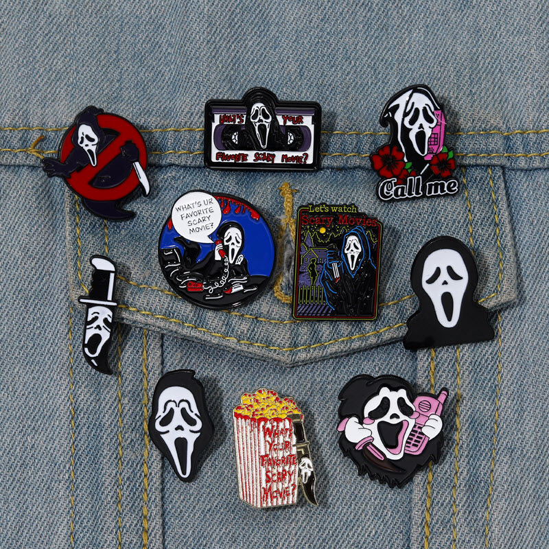 

Call Me Enamel Pins What's Your Favorite Scary Movie Custom Brooches Lapel Badges Gothic Punk Skeleton Jewelry Gift for Friends, Pick colors and quantity