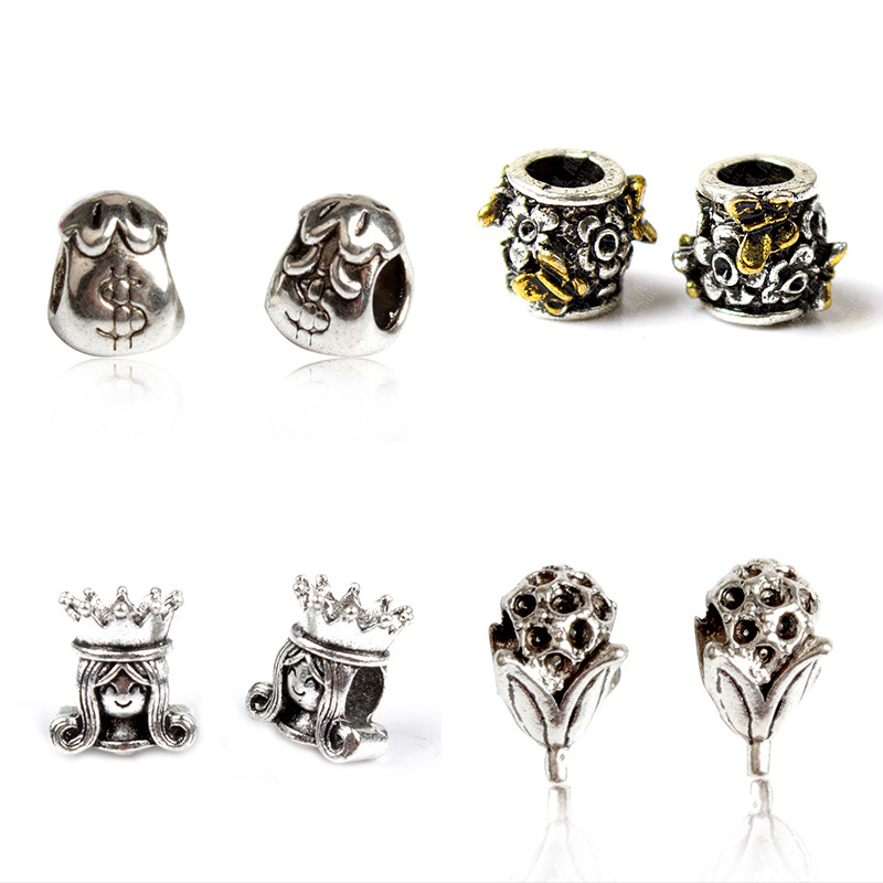 48pcs/Set Mixed Antique Silver Alloy Charms Beads Metal Bear Butterfly Animal Big Hole Charm Loose Beads for Bracelet Bangle DIY Jewelry Making Access