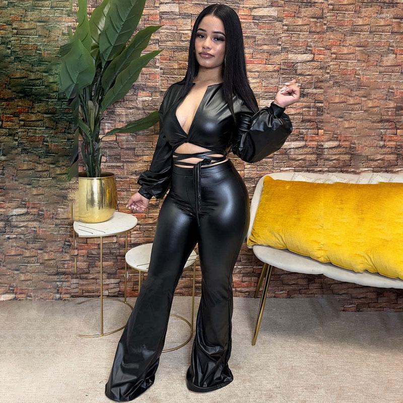 Women' Two Piece Pants Faux Pu Leather Set For Women Winter Long Sleeve Bandage Crop Top And Flare Skinny Trousers Casual Tracksuits, Black
Women' Two Piece Pants Faux Pu Leather Set For Women Winter Long Sleeve Bandage Crop Top And Flare Skinny Trousers Casual Tracksuits, Black