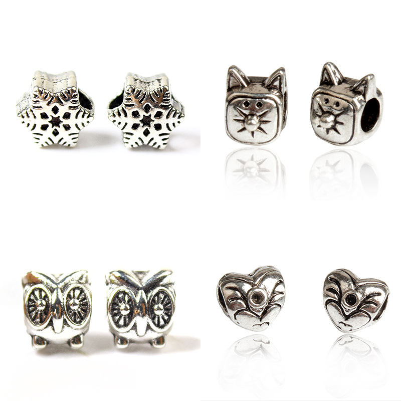 48pcs/Set Mixed Antique Silver Alloy Charms Beads Metal Bear Butterfly Animal Big Hole Charm Loose Beads for Bracelet Bangle DIY Jewelry Making Access