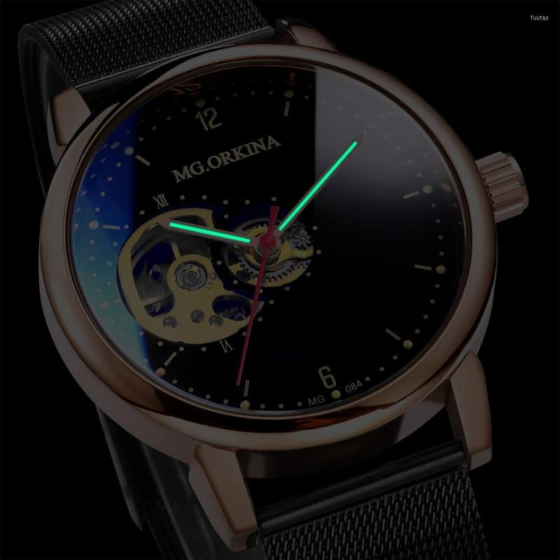 Wristwatches ORKINA Original Men Watch Skeleton Automatic Mechanical Male Rose Gold Leather Mesh Strap Clock Luminous, Black
Wristwatches ORKINA Original Men Watch Skeleton Automatic Mechanical Male Rose Gold Leather Mesh Strap Clock Luminous, Black