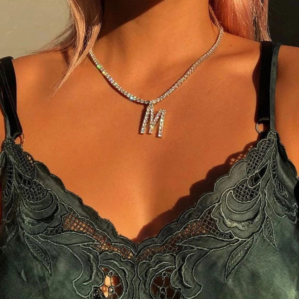 26 Letter Initial Pendant Tennis Chain Choker for Women Statement Bg Crystal Alphabet Necklace Collar Jewelrywww