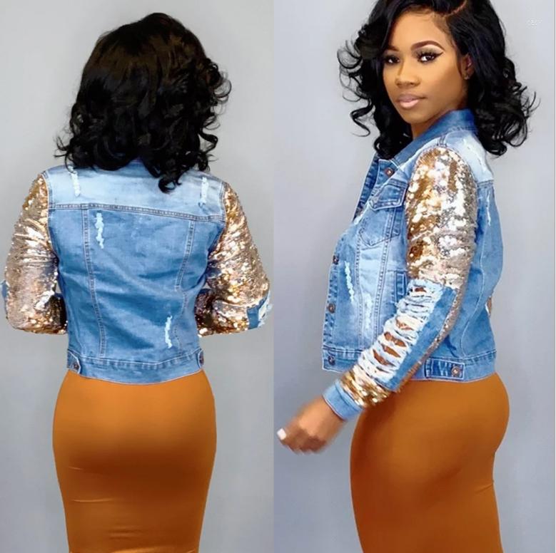Women' Jackets Streetwear Women Sparkling Sequins Denim Coats 2022 Spring Latest Turn-down Collar Ripped Single-breasted Light Washes, Blue
Women' Jackets Streetwear Women Sparkling Sequins Denim Coats 2022 Spring Latest Turn-down Collar Ripped Single-breasted Light Washes, Blue