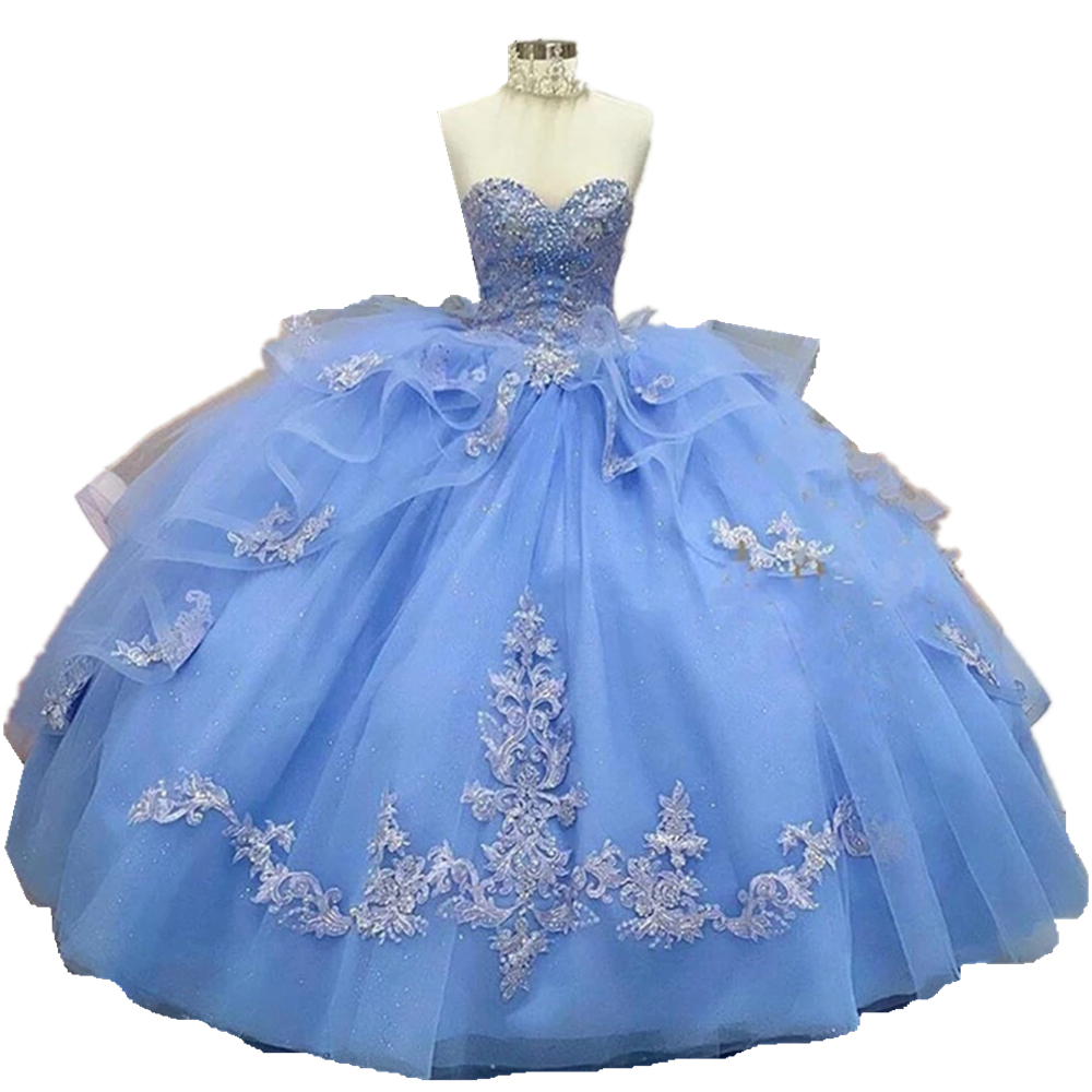2026 Gorgeous Princess Quinceanera Dresses Ruffles Prom Party Ball Gown Sweetheart Foor Length Light Blue Organza Sweet 15 Dress Back Lace-up Lace App