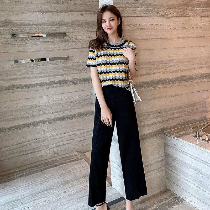 Women's Two Piece Pants Ladies Suit Spring Wave Striped Knit Short Sleeve Top High Waist Wide Leg Summer Women, Bright yellow
Women's Two Piece Pants Ladies Suit Spring Wave Striped Knit Short Sleeve Top High Waist Wide Leg Summer Women, Bright yellow