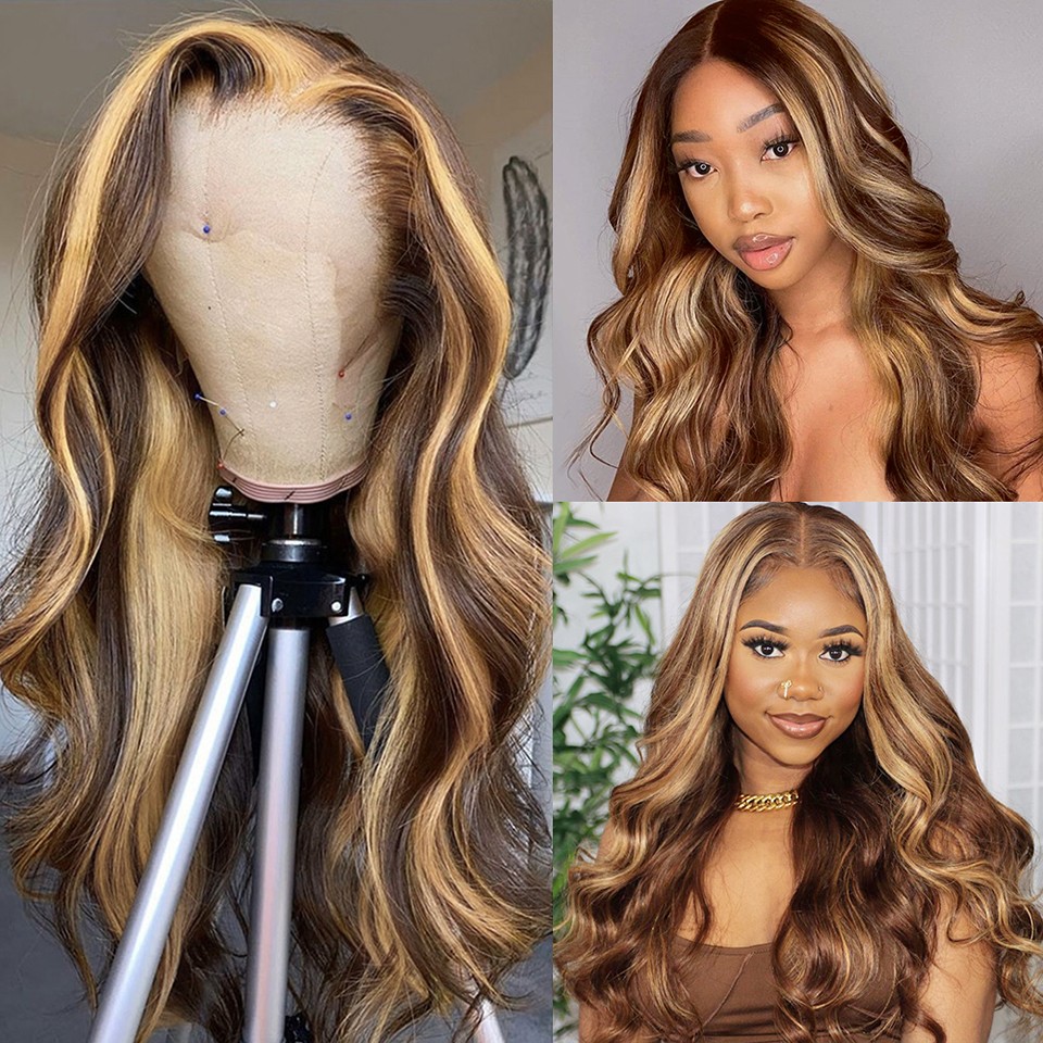 Free shipping HD Body Wave Highlight Front Human Hair For Women Lace Frontal Wig Pre Plucked Honey Blonde Colored Synthetic Wigs