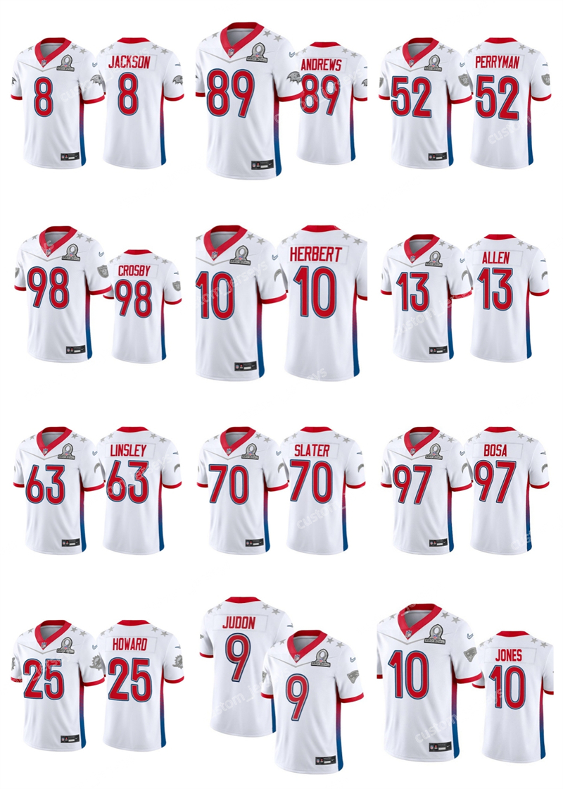 Custom 8 Jackson 89 Andrews 52 Perryman 98 Crosby 10 Herbert 13 Allen 63 Linsley 97 Bosa 2022 AFC Pro Bowl Stitched''NFL''Football Jersey
Custom 8 Jackson 89 Andrews 52 Perryman 98 Crosby 10 Herbert 13 Allen 63 Linsley 97 Bosa 2022 AFC Pro Bowl Stitched''NFL''Football Jersey
