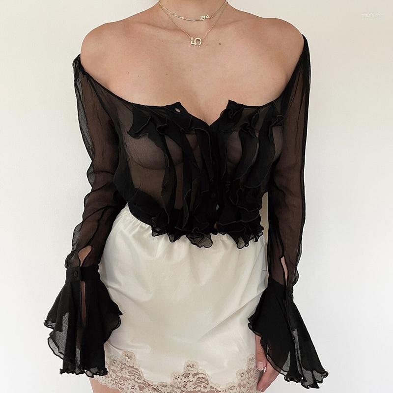 Women' Blouses Sexy Perspective Single-breasted Shirts Solid Color Lace Splicing Flare Long Sleeve U-Neck Wild Sheer Mesh Cropped Tops, Black
Women' Blouses Sexy Perspective Single-breasted Shirts Solid Color Lace Splicing Flare Long Sleeve U-Neck Wild Sheer Mesh Cropped Tops, Black