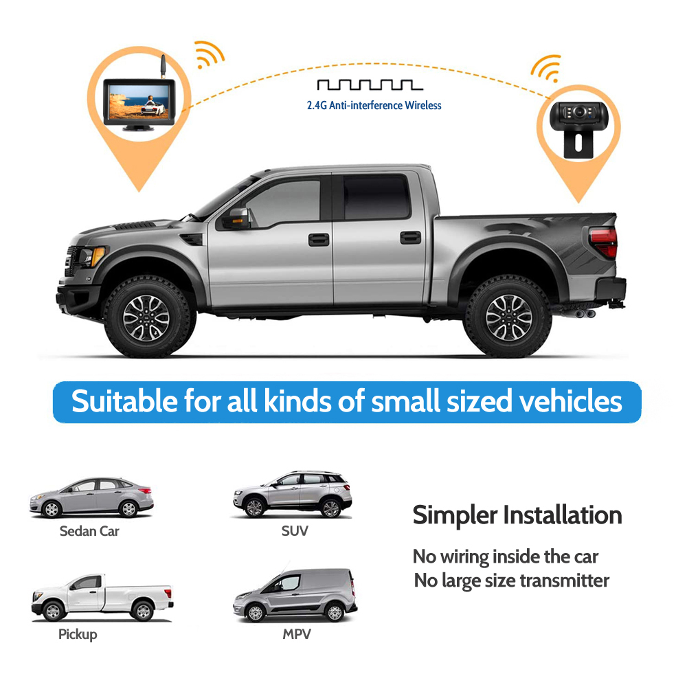 12V 24V Wireless Backup Camera Kit System 5" Wireless Car Monitor and Wireless Reversing Rear View License Plate Camera