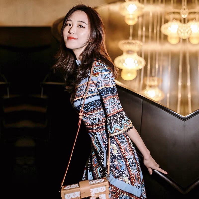 vintage midi dress office lady work elgant mermaid blue black fashion flare sleeve spring summer dresses for party dinner 210421