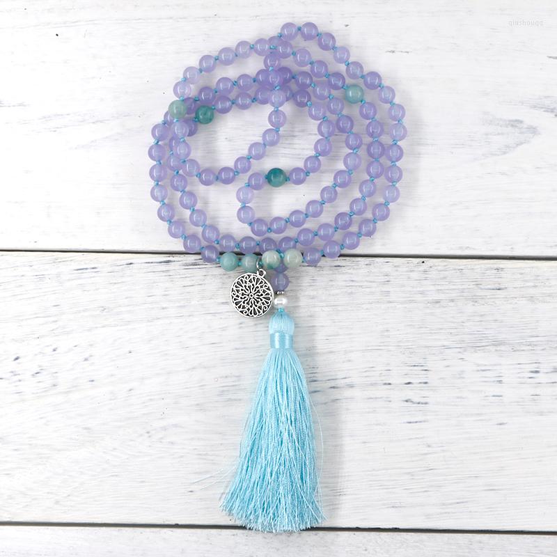 Pendant Necklaces Elegant Light Purple Jade Amazonite Stone Gemstone 108 Beads Japa Mala Necklace Antique Sliver Charm Meditation Jewelry
Pendant Necklaces Elegant Light Purple Jade Amazonite Stone Gemstone 108 Beads Japa Mala Necklace Antique Sliver Charm Meditation Jewelry