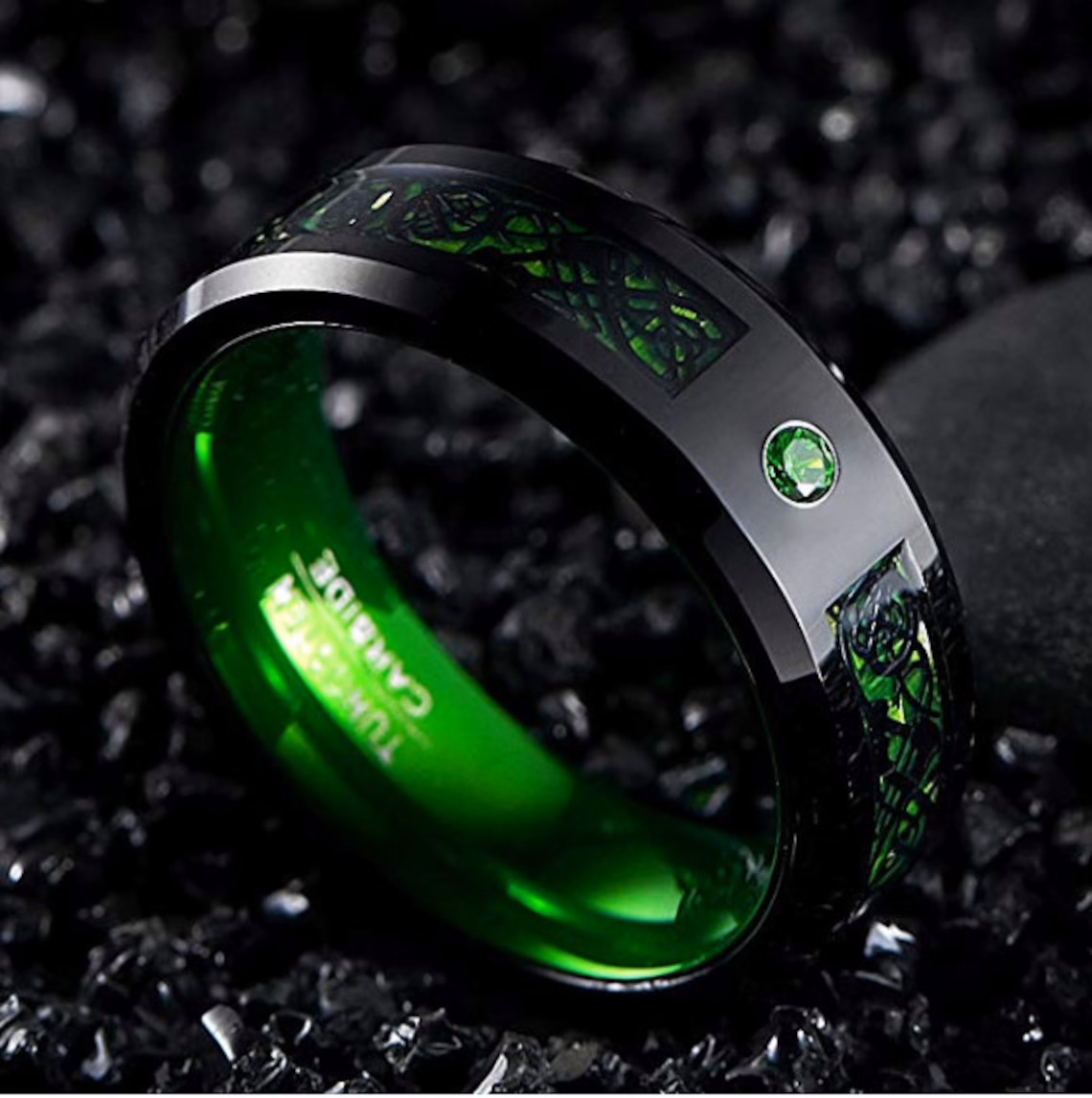 Fashion Black Wedding Rings For Inlaid Zircon Punk Men Stainless Steel Green Carbon Fibre Ring