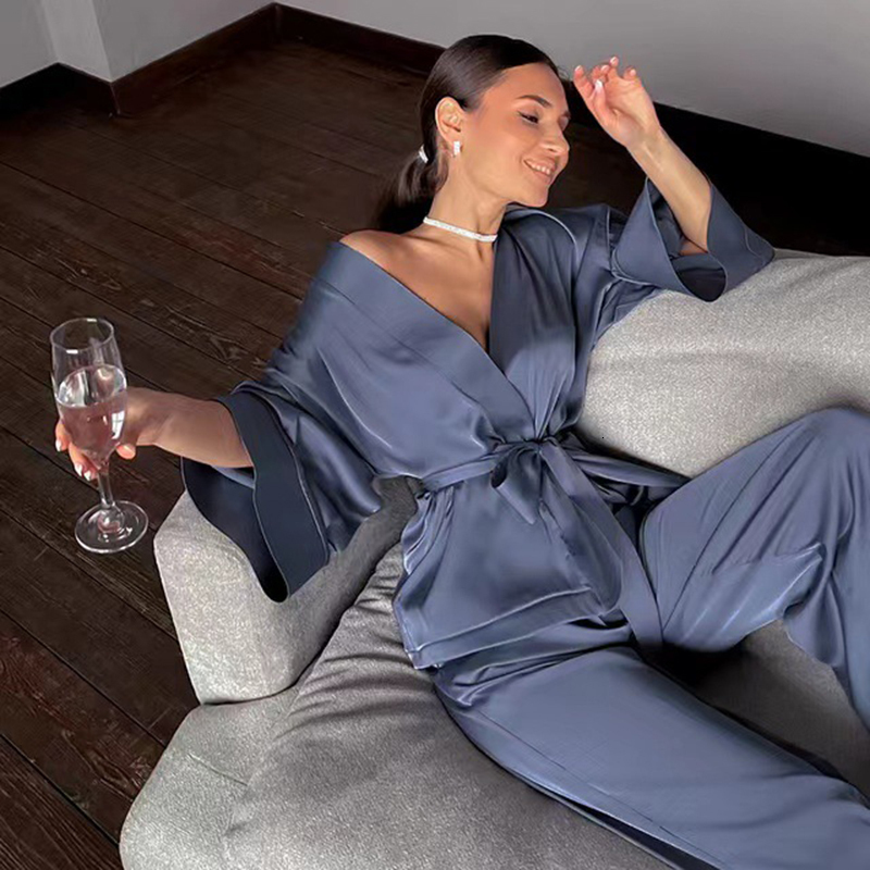 Women's Pajamas Ice silk Long Sleeve Cardigan pijama Trouser Suits Plus Size Lingere set woman 2 pieces Home suit Sleepwear 220421