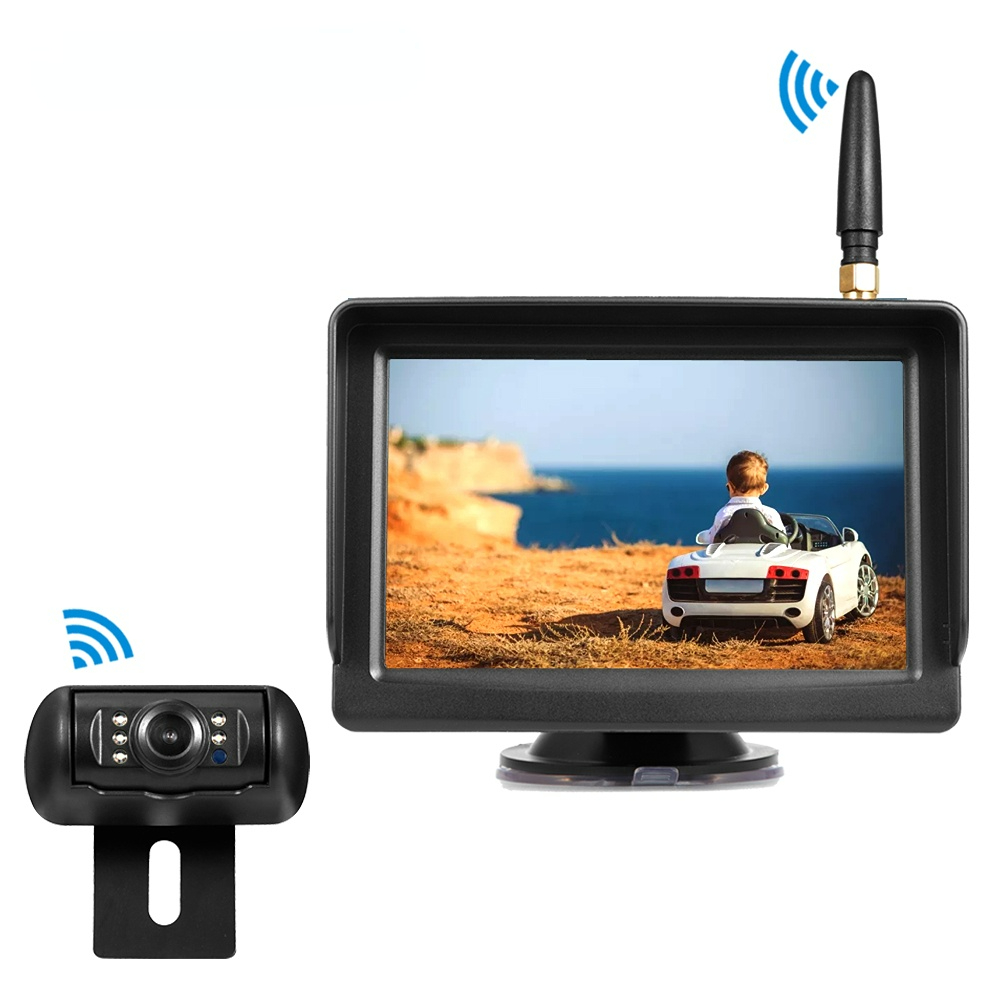 12V 24V Wireless Backup Camera Kit System 5" Wireless Car Monitor and Wireless Reversing Rear View License Plate Camera