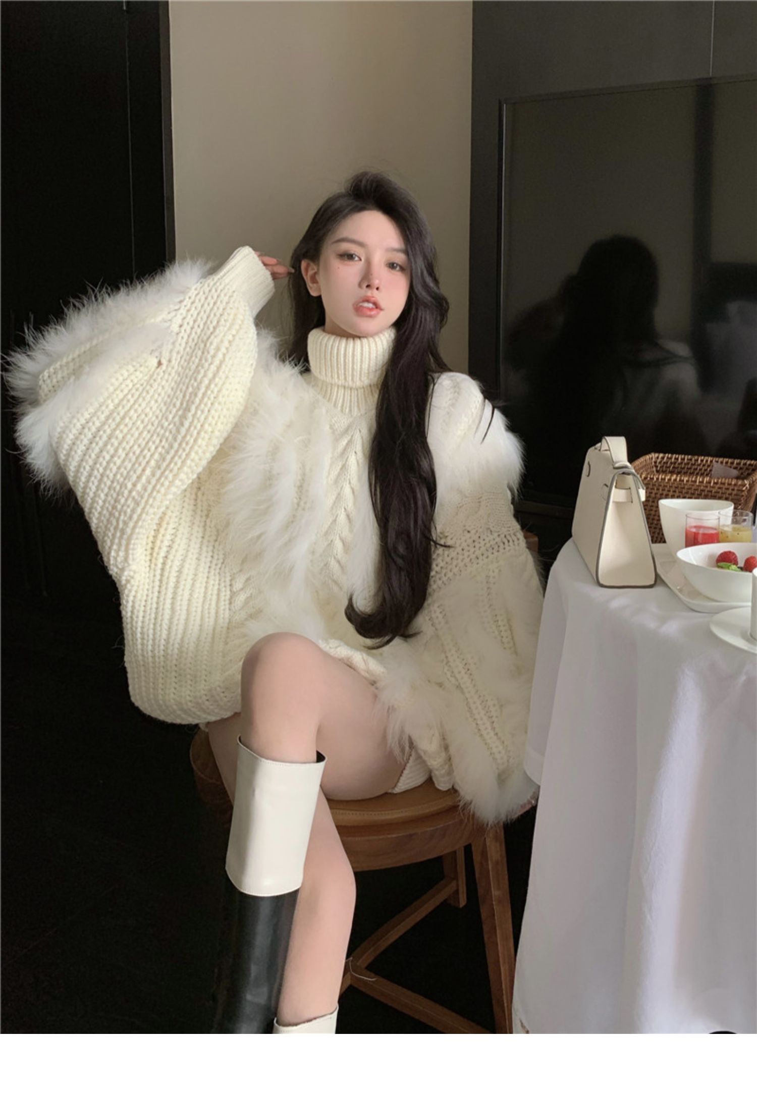 Womens turtleneck coarse wool knitted loose fur patched warm sweater tops jumper