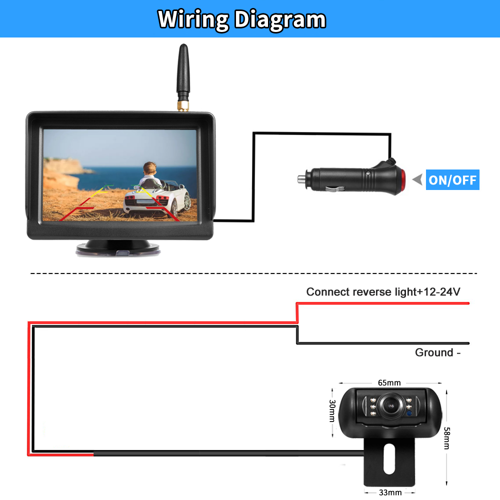 12V 24V Wireless Backup Camera Kit System 5" Wireless Car Monitor and Wireless Reversing Rear View License Plate Camera