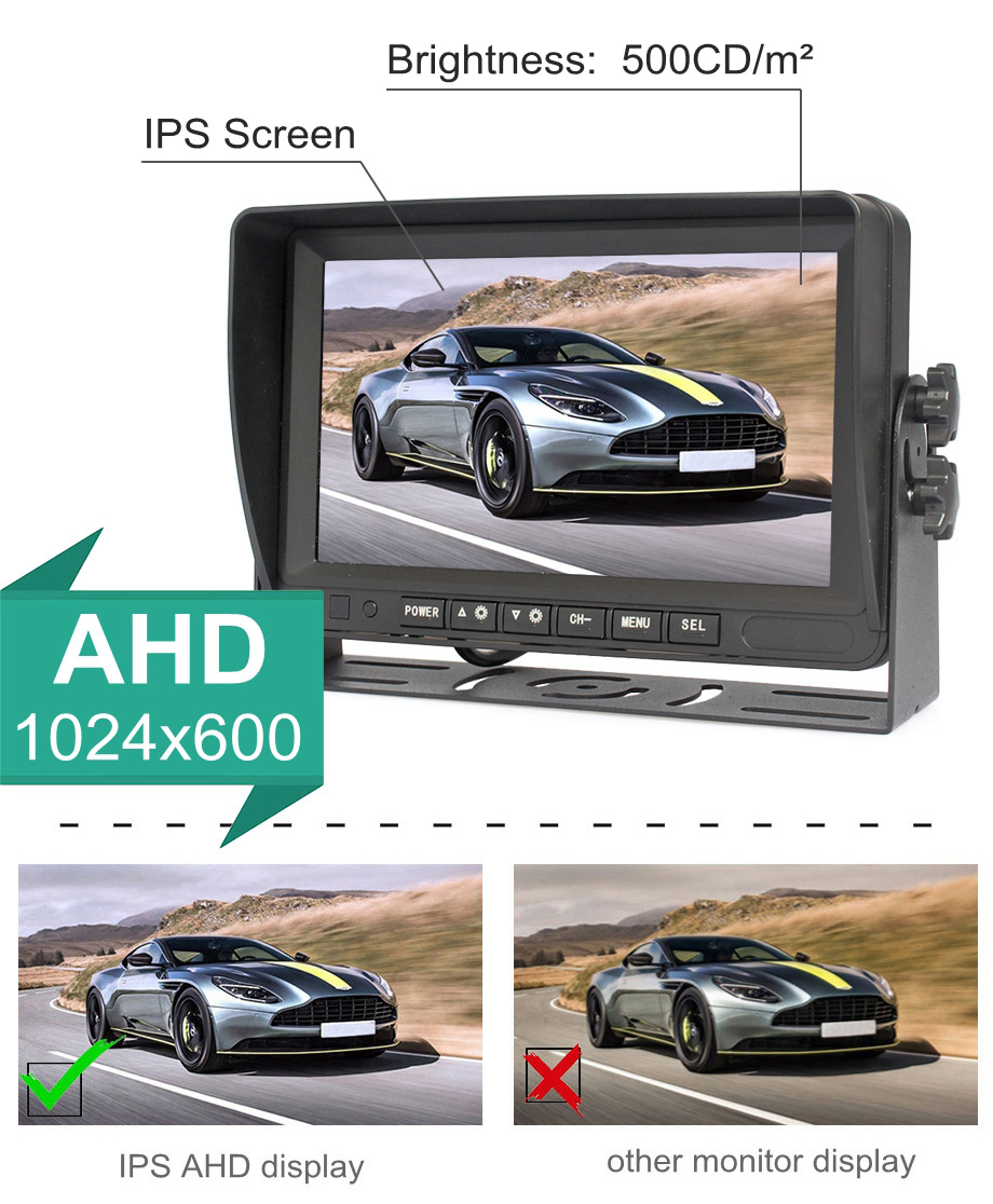 AHD 7" IPS Rear View Car Monitor Support 1080P AHD Camera Support SD Card Video Recording Diaplay Two Cameras Image