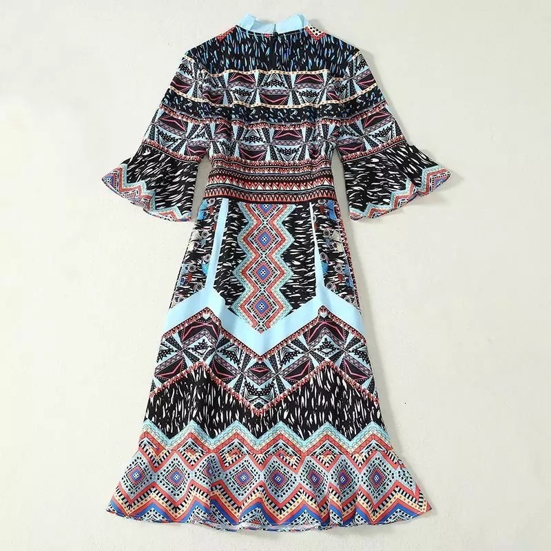 vintage midi dress office lady work elgant mermaid blue black fashion flare sleeve spring summer dresses for party dinner 210421