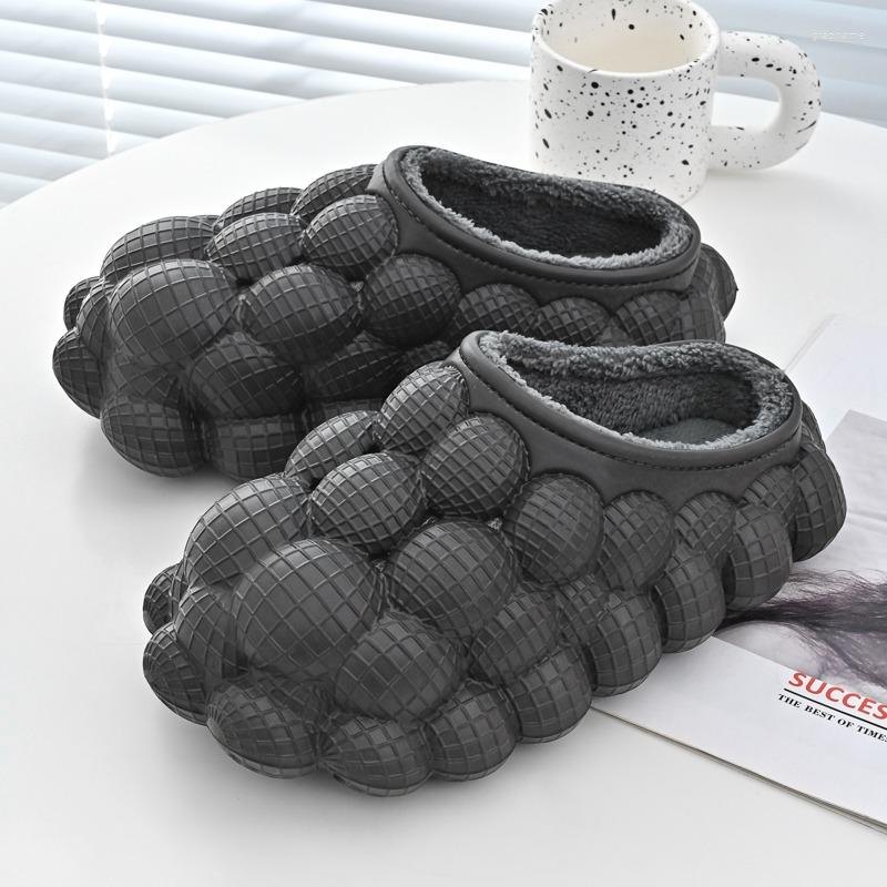2025 New Men's Slippers For Autumn And Winter Home Anti Slip Lychee Bubble Slippers Wholesale For Couples Plush Cotton Thick Soled Flip Cover