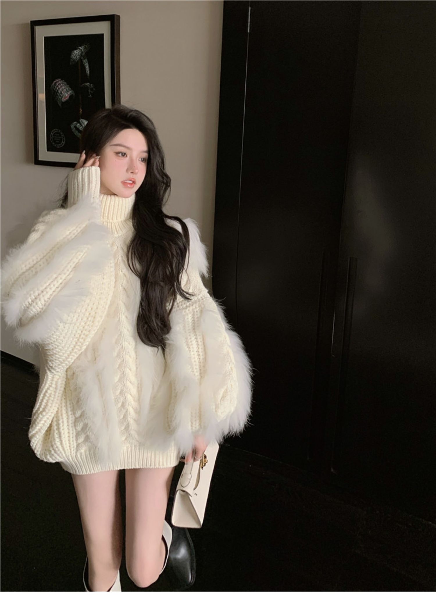 Womens turtleneck coarse wool knitted loose fur patched warm sweater tops jumper