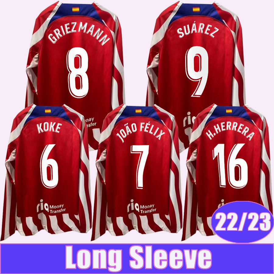 

22 23 KOKE JOAO FELIX Mens Soccer Jerseys GRIEZMANN H.HERRERA SUAREZ Home Red and White Football Shirts short Long Sleeves Adult Uniforms, Cx10553 22 23 home... patch