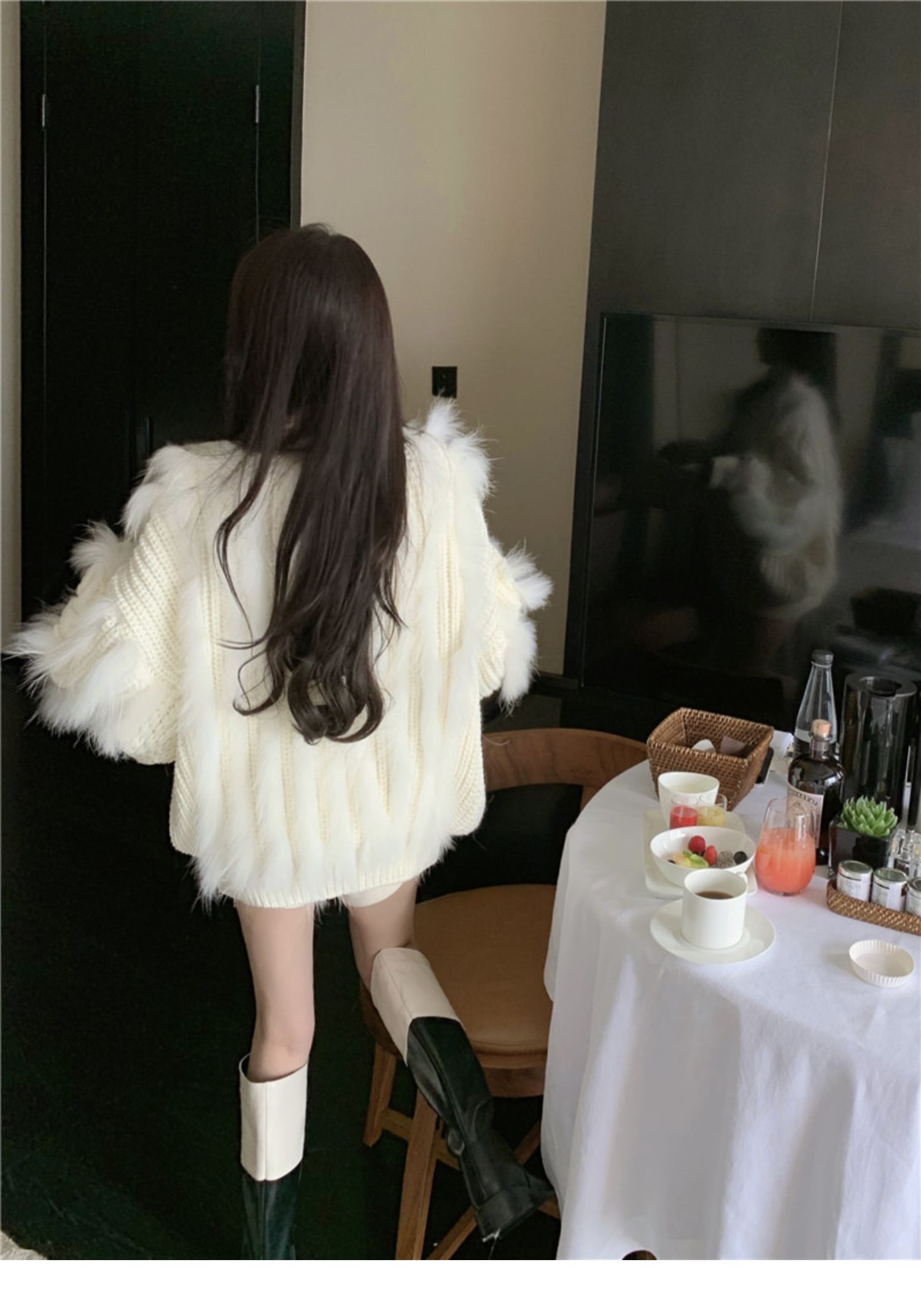 Womens turtleneck coarse wool knitted loose fur patched warm sweater tops jumper