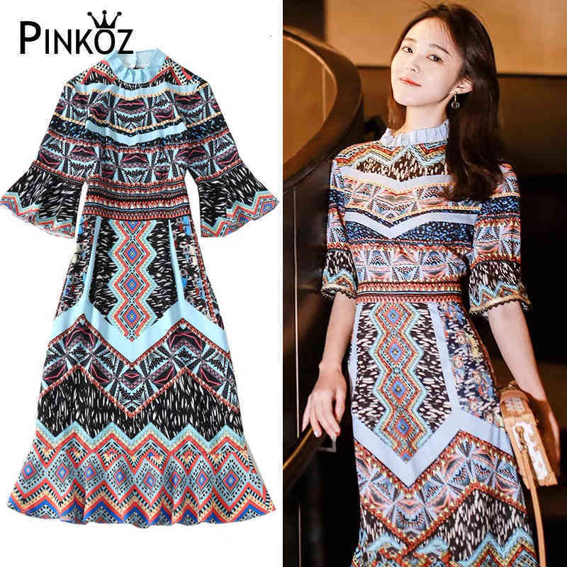 vintage midi dress office lady work elgant mermaid blue black fashion flare sleeve spring summer dresses for party dinner 210421