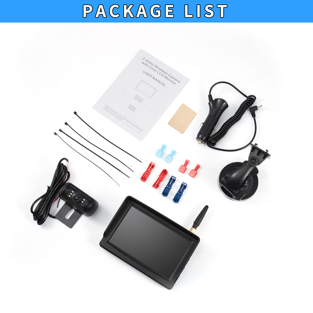 12V 24V Wireless Backup Camera Kit System 5" Wireless Car Monitor and Wireless Reversing Rear View License Plate Camera