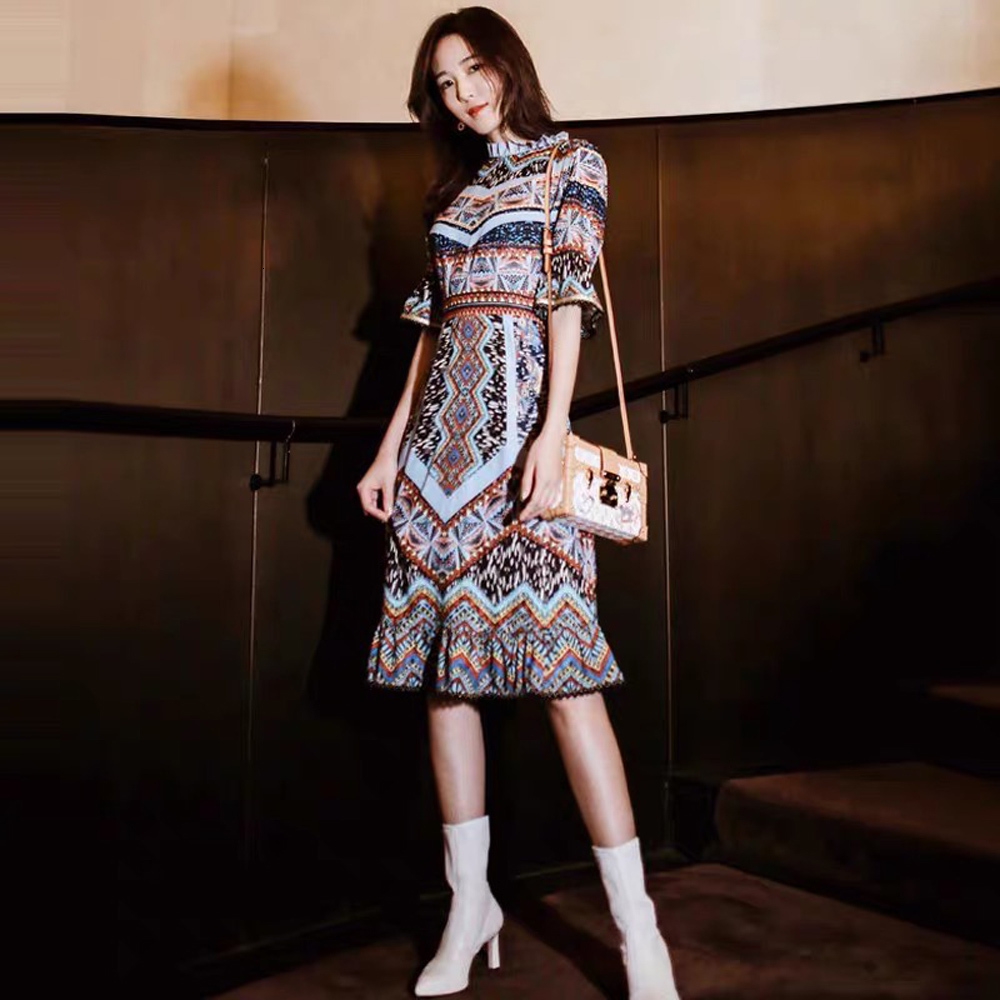 vintage midi dress office lady work elgant mermaid blue black fashion flare sleeve spring summer dresses for party dinner 210421